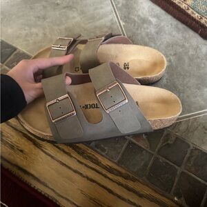 Birkenstock Two-Strap Sandals in Olive with Rose Gold Buckles